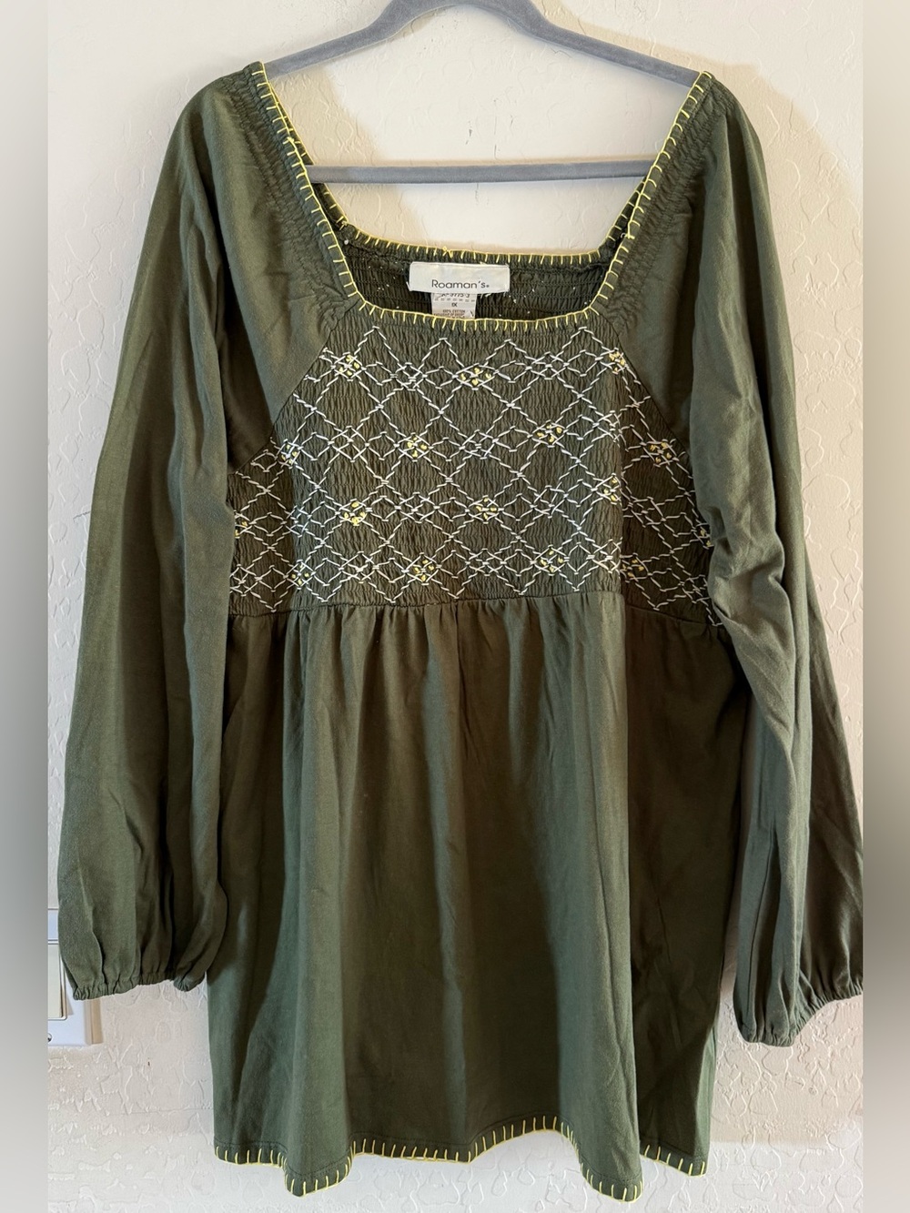 Roaman’s, 1X, 100% cotton, smocked embroidered peasant tunic
